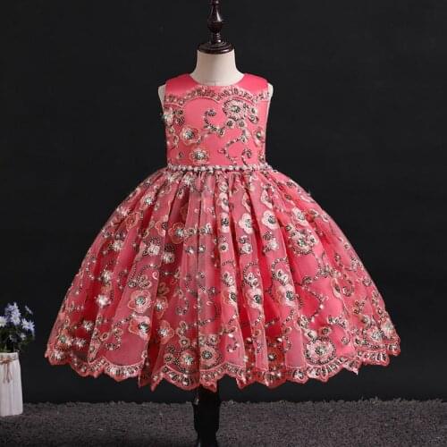 2021 Kids Flower Dresses For Girls Toddler Wedding Birthday Party Tulle Pearl Frocks Girl Princess Dress Children Evening Gowns