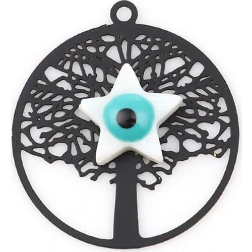 DoreenBeads Fashion Acrylic & Copper Pendant Tree Black Setting Evil Eye Jewelry DIY Charms 24mm(1") x 22mm( 7/8"), 5 PCs