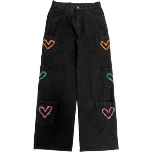 Vintage Jeans Women Trousers Female Hip Hop Style Loose High Waist Wide Leg Pants Straight Casual Multi Pocket Love Print Cowboy