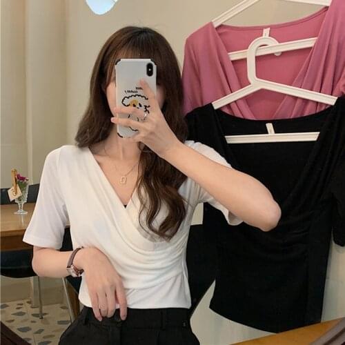 Temperament fashion design sense cross V-neck top Slim all-match short-sleeved t-shirt women