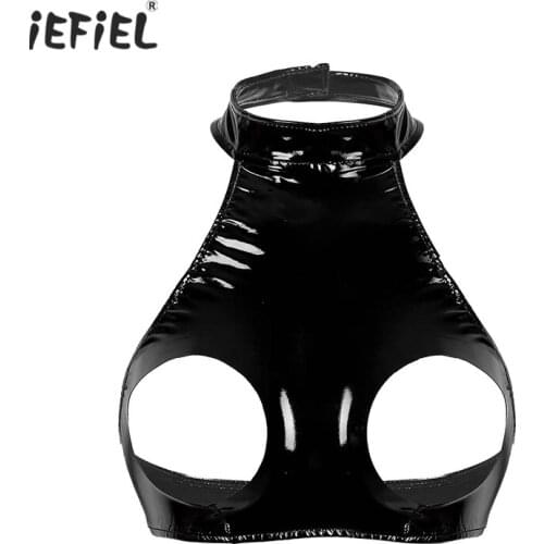 Iefiel exotic tanks latex top Women Sleeveless Wet Look Faux Leather Halter Neck Backless Open Bust Crop Tops exotic accessories