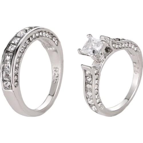 2 Pcs/Set Square Shiny Zircon Full Little Twinkling Crystal Luxury Couple Silver Plated Rings For Women Men 5 Sizes