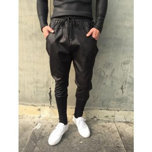 Autumn winter personality fashion leather pants mens feet trousers pantalones hombre thicken harem pants for men pantalon homme