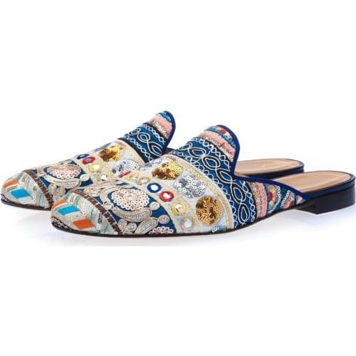 Luxury Ethnic Handmade Male Loafers Mixed Colors Embroidered Glitter Slippers Man Round Toe Slip On Mules Flat Men Casual Shoes