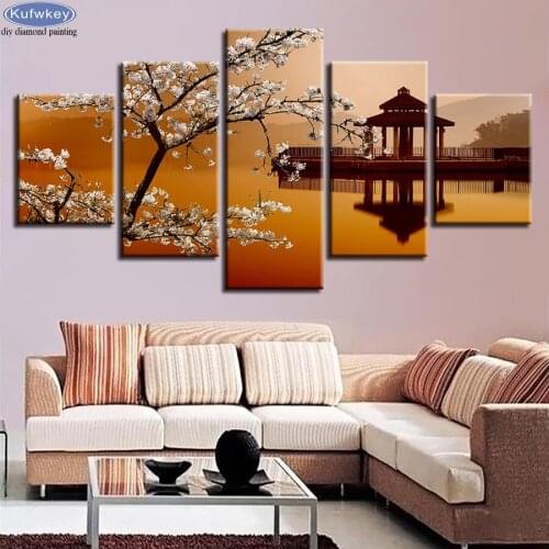 5D DIY Diamond Painting full Square Drill Sakura Flower/Small Pavilion/Diamond Embroidery 5 pcs Cross Stitch 3d pictures Mosaic