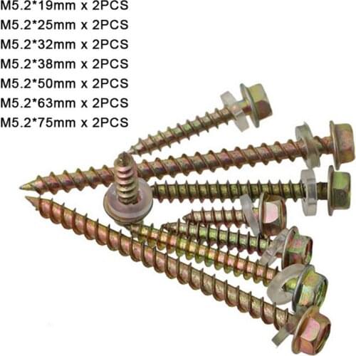 14Pcs M5.2 Hex Washer Head Self Drilling Screws Color Zinc Pointed Self Tapping Screws Set/Kit Length 19-75mm