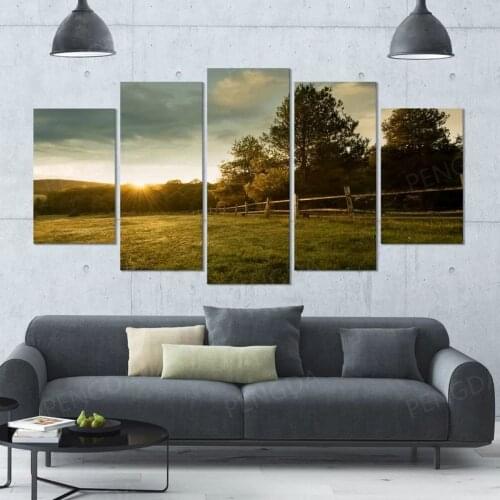 Wall Art 5 Panel Sunset Canvas Painting Woods Landscape Poster HD Prints Modular Grass Pictures Frame Home Decor For Living Room