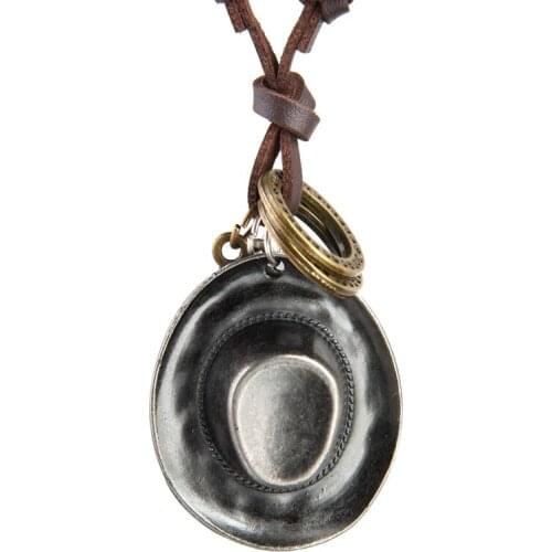 NIUYITID Mens Necklace & Pendants Retro Antique Silver Plated Cowboy Hat Jewelry Boys Necklaces For Women Leather Vintage