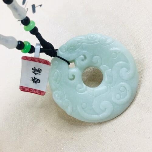 Zheru natural Hetian green jade carved hollow double dragon donut pendant with wooden beads necklace men and women sweater chain