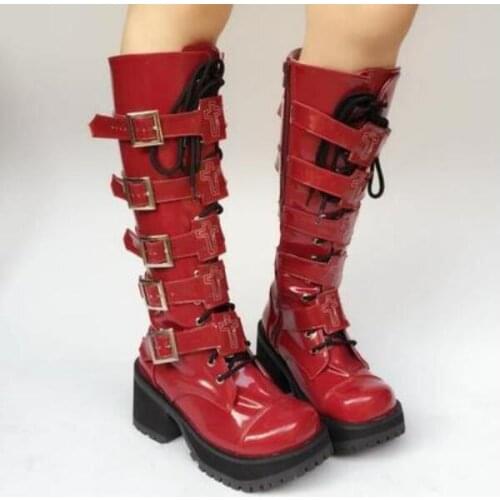 Japanese Style Harajuku Halloween Lolita Punk Knee-High Boots High Heel Lace-up Christmas Cosplay Princess Girl Boots Zip
