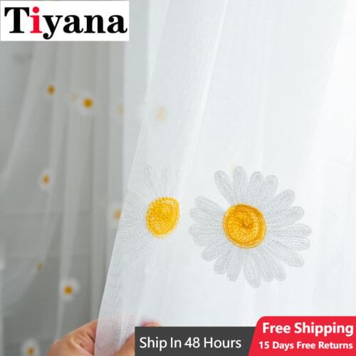 Embroidery Yellow Daisy Flowers Tulle Curtains for Living Room White Sheer Tulle for Kitchen Window Balcony Decoration Drapes Z