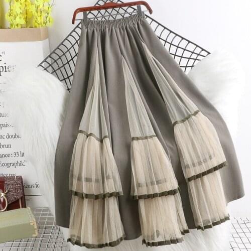 New Autumn Women Skirt Stitching Irregular Splice Mesh Ruffles Long Skirt Ladies Casual Long Skirt Mid-calf Swing Pleated Skirt