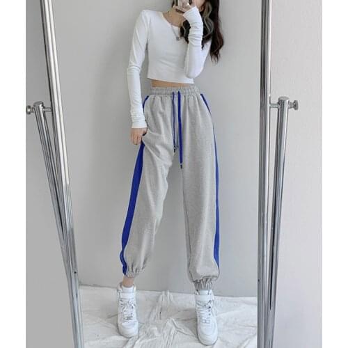 TVVOVVIN High Waist Side Striped Splicing Loose Lace-up Casual Trouser Korean Tie Feet Contrast Women Sweatpants Lp5s