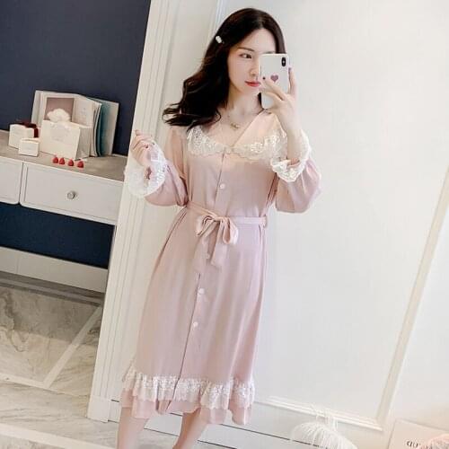 Lady Lace Patchwork Nightwear Silky Satin Casual Nightwear Intimate Lingerie Loose Sleepwear Soft Home Dressing Gown Nightgown