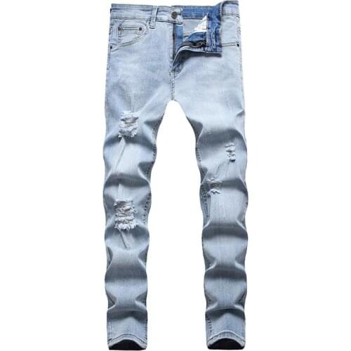 2021 New Design Spring Summer Autumn Causal Pants Plus Size 38 Light Blue Ripped Jeans Men Pantalones Hombre