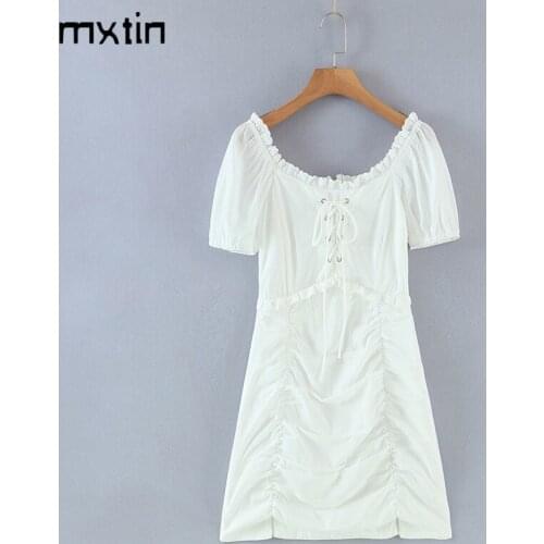 2021 Women Vintage Spring White Ruffle Drawstring Mini Dress Fashion Puff Sleeve Zipper Female Party Dresses Womens Clothing