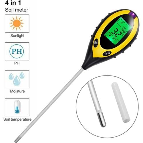 4 in 1 Digital Soil pH Meter Moisture Meter PH Levels Temperature Sunlight Intensity Humidity Tester Large Backlit LCD Display