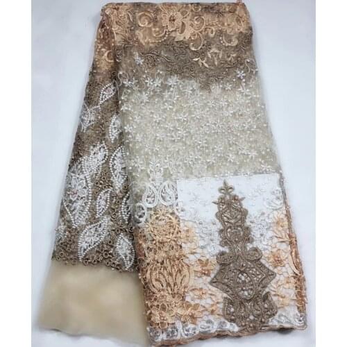 5yards/pc) elegant cream beige African tulle lace beaded French lace fabric with fantastic embroidery for party dress FL3953