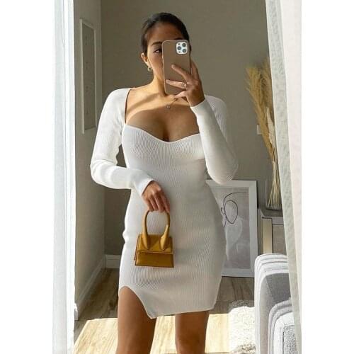 Aproms Elegant Square Neck Ribbed Knitted Dresses Women Casual Long Sleeve High Stretch Basic Bodycon Dress Streetwear Vestidos