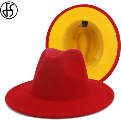FS 60CM Hat Red Yellow Patchwork Unisex Panama Wool Felt Fedora Hats Women Men Wide Brim Party Trilby Hat Jazz Cap