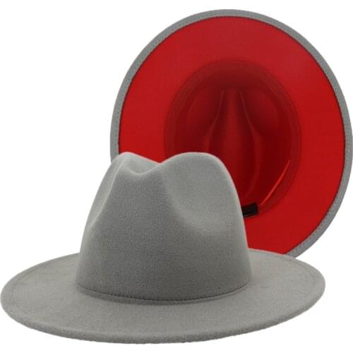 Sell Well Two Tone Gray Red Patchwork Women Men Party Wool Felt Wide Brim Fedpora Hat Vintage Jazz Panama Gentleman Elegant Caps