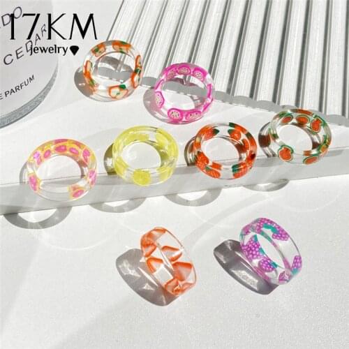 17KM Korean Fashion Fresh Fruits Transparent Resin Acrylic Ring For Women Girls New Design Strawberry Lemon Finger Jewelry Gifts