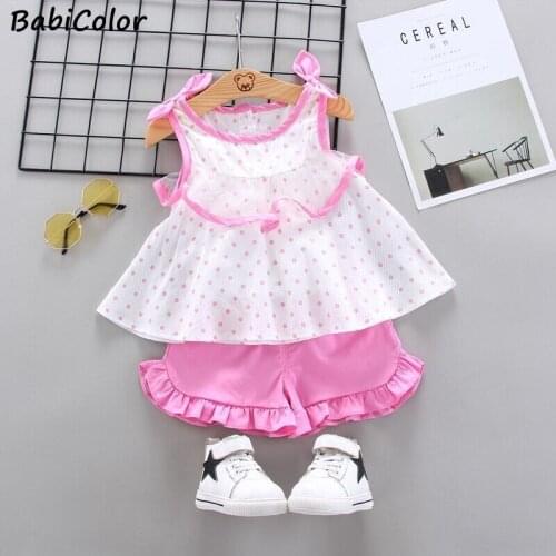 BabiColor Baby Girl Clothes Set Summer Newborn Infant Solid Color Dot Sling Set Dress Overalls Outfit For Toddler Girls Clothing