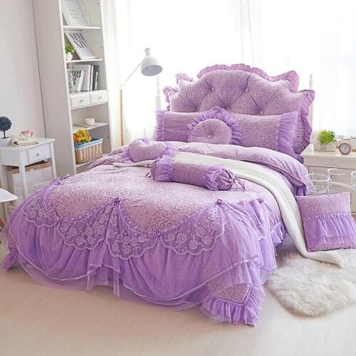 Korean Coral Velvet Warm Thick French Velvet Princess Lace Bed Skirt Wedding Bedding Set Duvet Cover Full Queen King 4 PCS