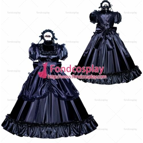 Fondcosplay adult sexy cross dressing sissy maid long French Lockable Black Satin Dress Uniform Costume Tailor-made[G3989]