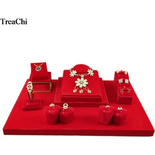 Red Velvet Jewelry Display Counter Showcase Wedding Festival Jewelry Ring Necklace Bracelet Organizer Storage Holder Stand