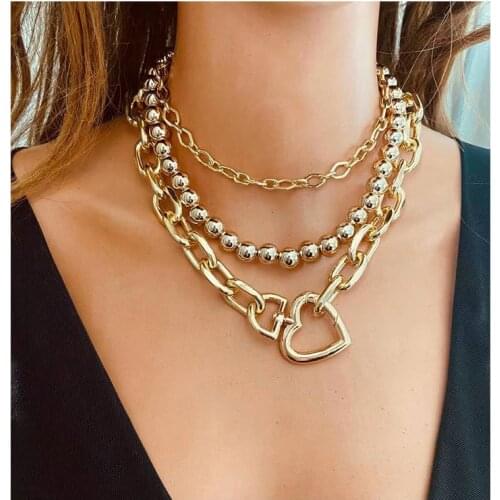 Retro multi-layer metal round bead clavicle necklace womens heart-shaped pendant necklace gold fashion multi-layer necklace