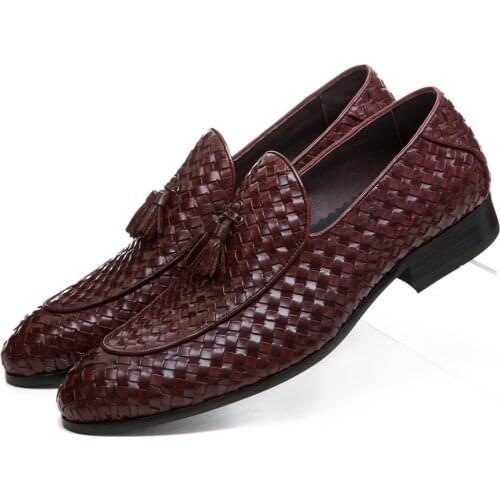 Fashion Brown Tan / Black Woven Design Summer Loafers Mens Wedding Groom Shoes Genuine Leather Prom Shoes Boys Dress Shoes
