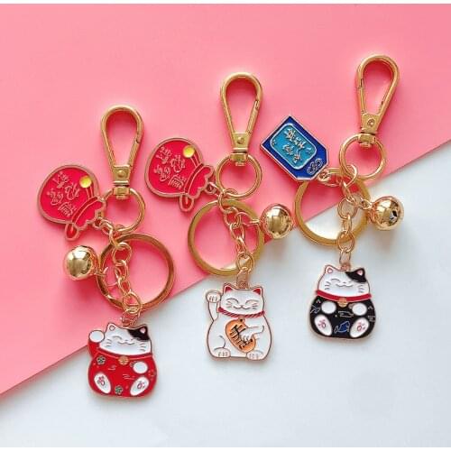 Cartoon Fortune Lucky Cat Maneki Key ring With Bell Car key pendant Bags Key Chain Cute Keychain for Women Girlfriend Gift K092