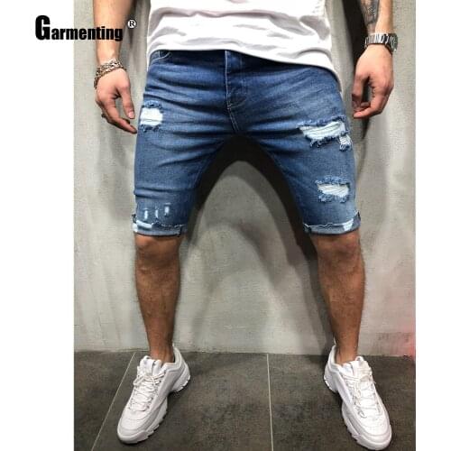 Plus Size Men Demin Shorts New Summer Blue White Short Pants Hole Ripped Jeans Male Casual Skinny Short Pants Mens Clothing 2021