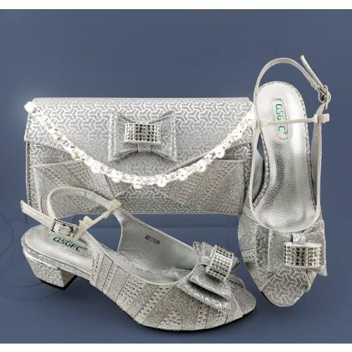 2020 Mature New Coming African Silver Color Shoes And Bag To Match Set Nigerian High Heels Party Shoes And Bag Set For Wedding