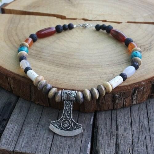 1pcs Ceramics And Volcanic Stone Hammer Necklace, Slavic Chooker Jewelry, Viking Dress Tribal Talisman Kette Jewelry For Women