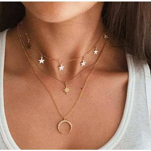 New five pointed star pendant, clavicular chain, simple and creative three-layer necklace with eight pointed star Crescent