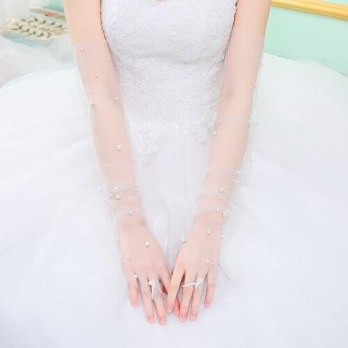 Pearl Beaded Lace Gloves Women Long Bridal Gloves White Fingerless Wedding Gloves Bride Wedding Accessories guanti tulle