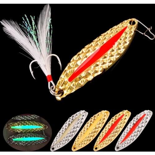 4pc Metal Luminous Spinner Spoon Fishing Lures 5g-20g Night Tackle Sequins Bait Noise Paillette With Feather Treble Hook Pesca