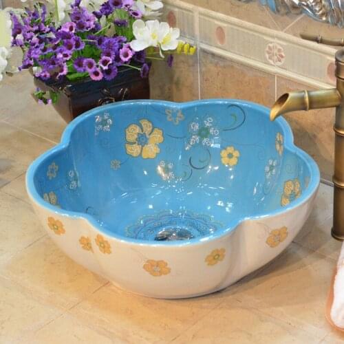 Handmade Primitive Style Porcelain Countertop Lavabo Bathroom Sink Wash Basin flower pattern