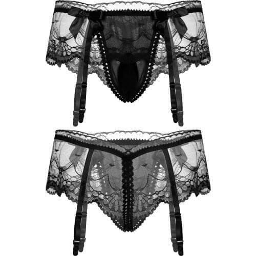 Sexy Black Male Panties Lace Underwear Erotic Lingerie Sissy Briefs Penis Pouch Panties Mens T-back Briefs Thongs Underpants