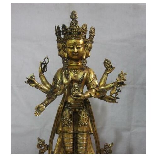 Tibet Bronze Copper Four Face Head Eight Arm Hands Kwan-yin Buddha Statue
