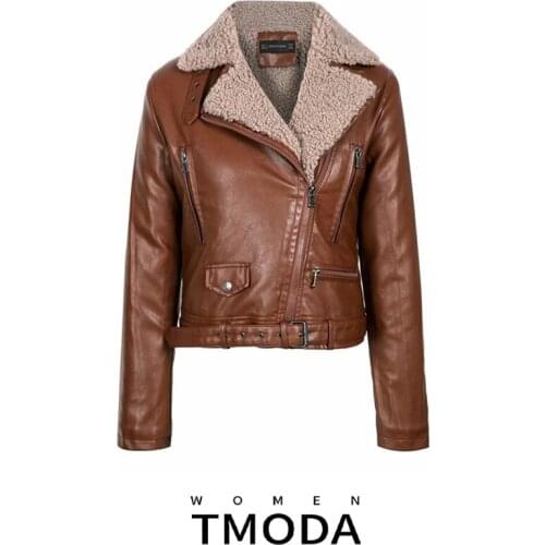 TMODA957 Women Faux Lamb Wool Fur Leather Jacket Winter Warm Thickness Lamb Fur Black Punk Zipper Pu Jacket Outwear With Belt