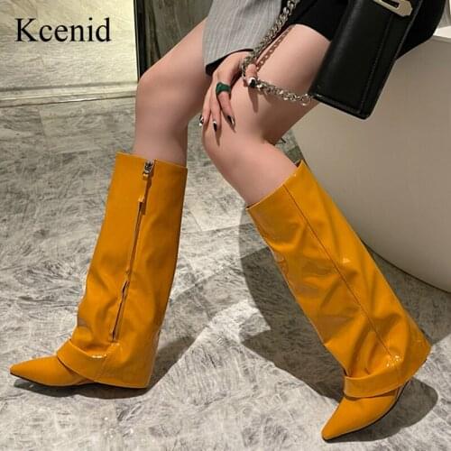 Kcenid 2022 Autumn Winter Chelsea Boots Patent Leather Turned-over Edge Women Shoes Fashion Knee High Wedges Heels Party Shoes