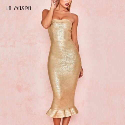 2020 New Womens Strapless Party Dress Gold-plated Bandage Dress Sexy Bodycon Fashion Party Dress Gold Fishtail Dress