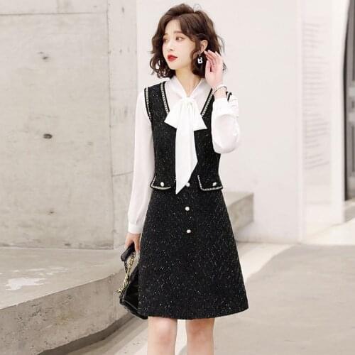 2021 Autumn 2 Piece Set Women Suit Overalls Dress Women Elegant Chiffon Bow Shirt Top+ Plaid Tweed Vest Mini Dresss Suit