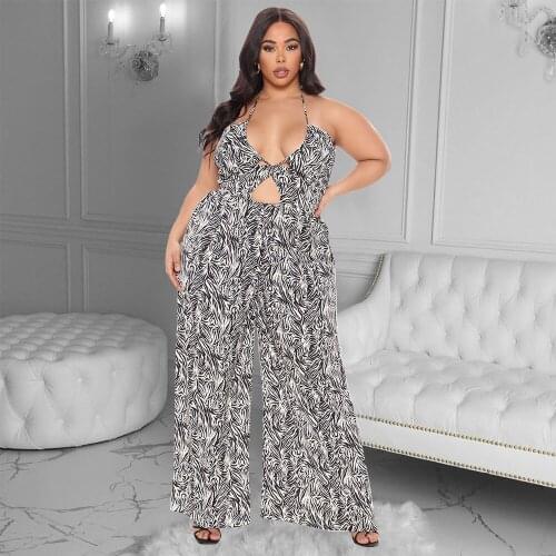 XL-5XL Plus Size Halter Backless Wide Leg Rompers Women Off The Shoulder Sleeveless Loose Jumpsuit Summer Hollow Out Bodysuits