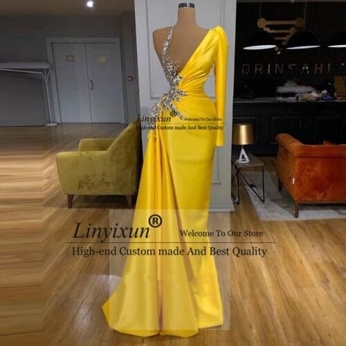 Sexy Long Sleeves Yellow Arabic Formal Evening Dress 2021 With Beaded Court Train Long Pom Dresses vestido sirena largo