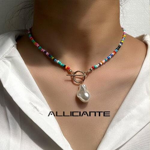 Boho Rainbow Irregular Big Pearl Seed Beaded Necklace For Women Simple String Bead Choker Baroque Handmade Necklace Y2K Jewelry