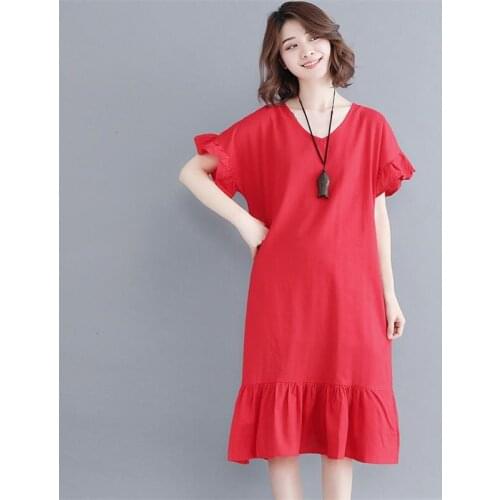 Fashion 2020 Sweet Ruffles Straight Dresses Vestido Cotton Linen Solid Short Butterfly Sleeves Dress Women Large Size 7XL 6XL
